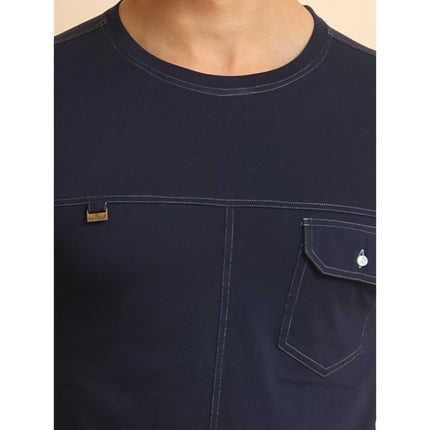 Rosolly Men's Casual Cotton Solid Round Neck Half Sleeve T-Shirt (Navy)