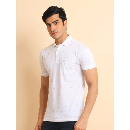 Rosolly Men's Casual Cotton Printed Polo Neck Half Sleeve T-Shirt (White)