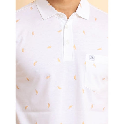 Rosolly Men's Casual Cotton Printed Polo Neck Half Sleeve T-Shirt (White)
