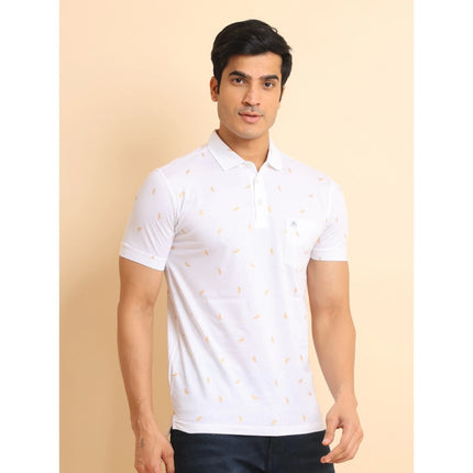 Rosolly Men's Casual Cotton Printed Polo Neck Half Sleeve T-Shirt (White)