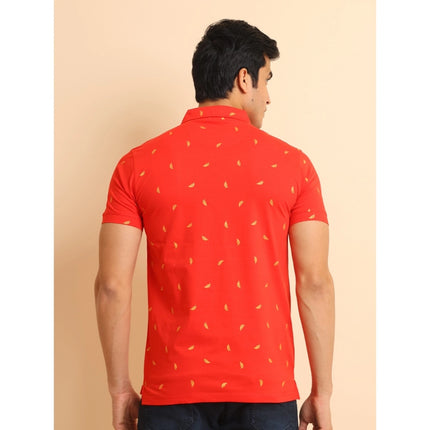 Rosolly Men's Casual Cotton Printed Polo Neck Half Sleeve T-Shirt (Red)