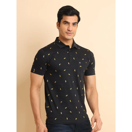 Rosolly Men's Casual Cotton Printed Polo Neck Half Sleeve T-Shirt (Black)