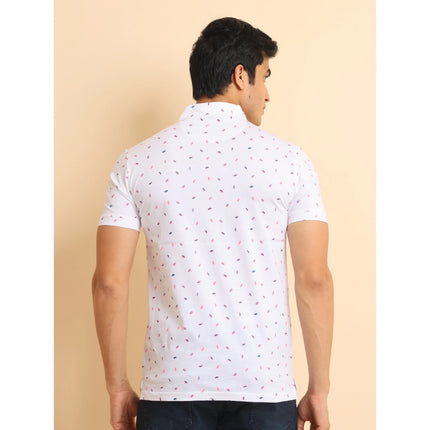 Rosolly Men's Casual Cotton Printed Polo Neck Half Sleeve T-Shirt (White)