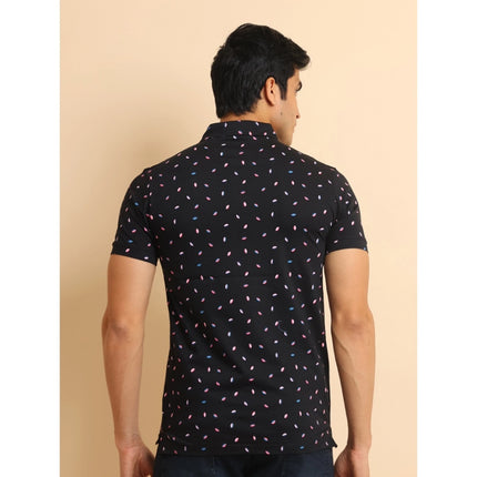 Rosolly Men's Casual Cotton Printed Polo Neck Half Sleeve T-Shirt (Black)