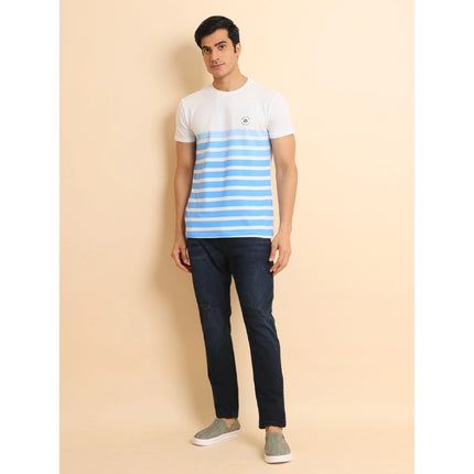 Rosolly Men's Casual Cotton Printed Round Neck Half Sleeve T-Shirt (Blue)