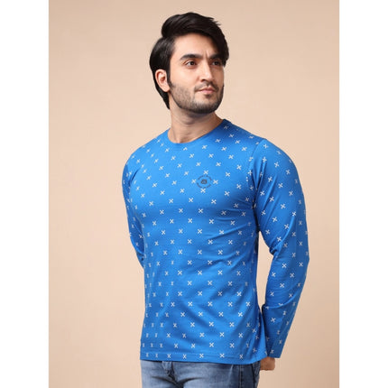 Rosolly Men's Casual Cotton Printed Round Neck Full Sleeve T-Shirt (Blue)