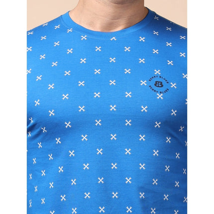 Rosolly Men's Casual Cotton Printed Round Neck Full Sleeve T-Shirt (Blue)