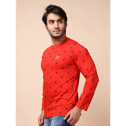 Rosolly Men's Casual Cotton Printed Round Neck Full Sleeve T-Shirt (Red)