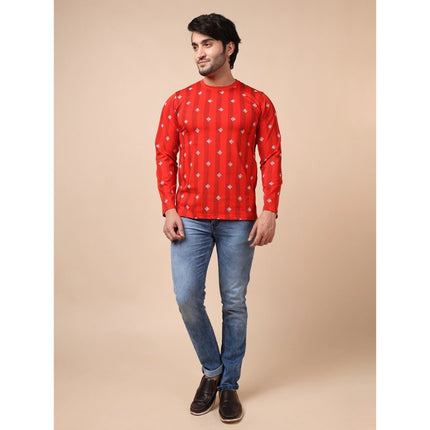 Rosolly Men's Casual Cotton Printed Round Neck Full Sleeve T-Shirt (Red)