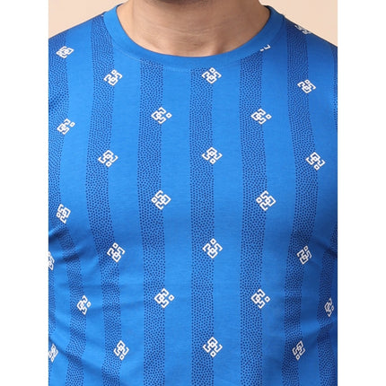 Rosolly Men's Casual Cotton Printed Round Neck Full Sleeve T-Shirt (Blue)