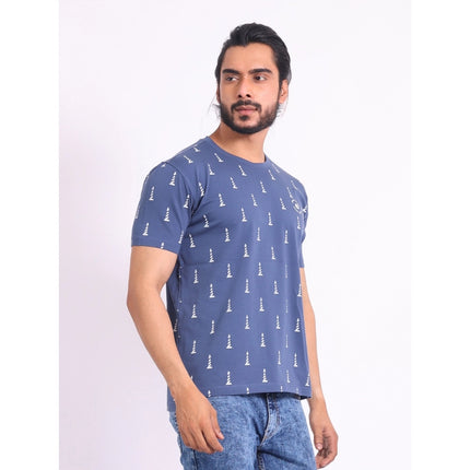 Rosolly Men's Casual Cotton Printed Round Neck Half Sleeve T-Shirt (Blue)