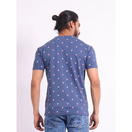 Rosolly Men's Casual Cotton Printed Round Neck Half Sleeve T-Shirt (Blue)