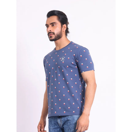 Rosolly Men's Casual Cotton Printed Round Neck Half Sleeve T-Shirt (Blue)