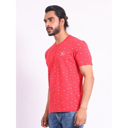 Rosolly Men's Casual Cotton Printed Round Neck Half Sleeve T-Shirt (Red)