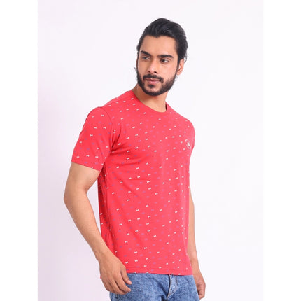 Rosolly Men's Casual Cotton Printed Round Neck Half Sleeve T-Shirt (Red)