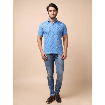 Rosolly Men's Casual Cotton Printed Polo Neck Half Sleeve T-Shirt (Blue)