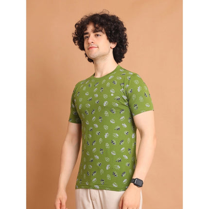 Rosolly Men's Casual Cotton Printed Round Neck Half Sleeve T-Shirt (Green)