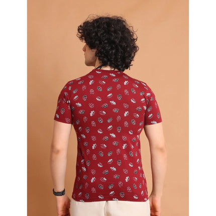 Rosolly Men's Casual Cotton Printed Round Neck Half Sleeve T-Shirt (Maroon)