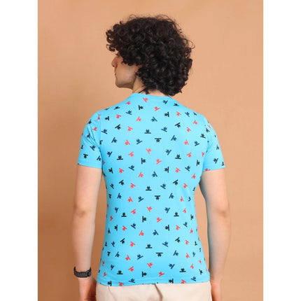 Rosolly Men's Casual Cotton Printed Round Neck Half Sleeve T-Shirt (Skyblue)