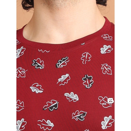 Rosolly Men's Casual Cotton Printed Round Neck Half Sleeve T-Shirt (Maroon)