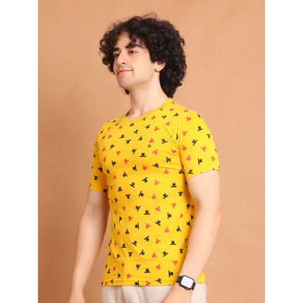 Rosolly Men's Casual Cotton Printed Round Neck Half Sleeve T-Shirt (Yellow)