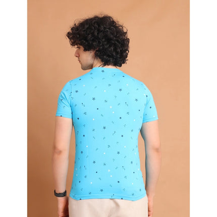 Rosolly Men's Casual Cotton Printed Round Neck Half Sleeve T-Shirt (Skyblue)