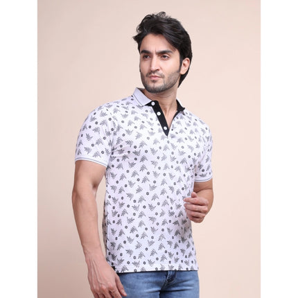 Rosolly Men's Casual Cotton Printed Polo Neck Half Sleeve T-Shirt (White)