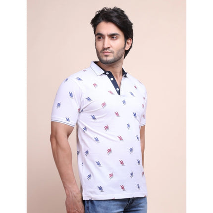 Rosolly Men's Casual Cotton Printed Polo Neck Half Sleeve T-Shirt (White)