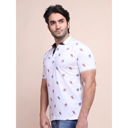 Rosolly Men's Casual Cotton Printed Polo Neck Half Sleeve T-Shirt (White)