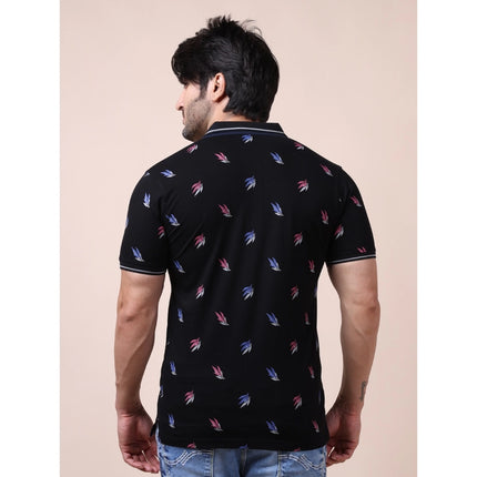 Rosolly Men's Casual Cotton Printed Polo Neck Half Sleeve T-Shirt (Black)