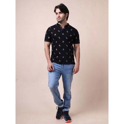 Rosolly Men's Casual Cotton Printed Polo Neck Half Sleeve T-Shirt (Black)