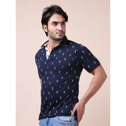 Rosolly Men's Casual Cotton Printed Polo Neck Half Sleeve T-Shirt (Navy)