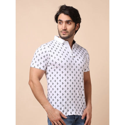 Rosolly Men's Casual Cotton Printed Polo Neck Half Sleeve T-Shirt (White)
