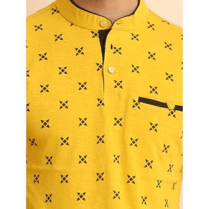 Rosolly Men's Casual Cotton Printed Mandarin Collar Half Sleeve T-Shirt (Mustard)