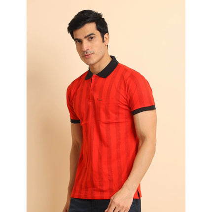 Rosolly Men's Casual Cotton Printed Polo Neck Half Sleeve T-Shirt (Red)