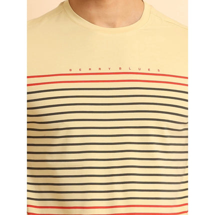 Rosolly Men's Casual Cotton Printed Round Neck Half Sleeve T-Shirt (Beige)