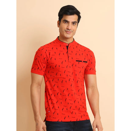Rosolly Men's Casual Cotton Printed Mandarin Collar Half Sleeve T-Shirt (Red)