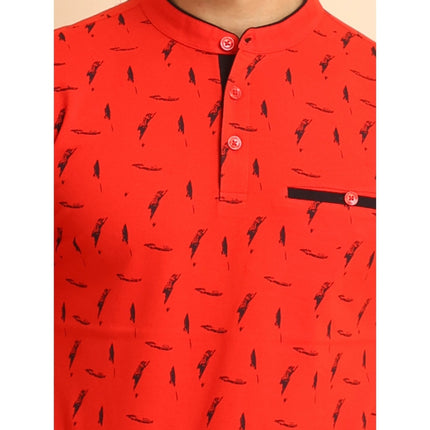 Rosolly Men's Casual Cotton Printed Mandarin Collar Half Sleeve T-Shirt (Red)