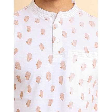 Rosolly Men's Casual Cotton Printed Mandarin Collar Half Sleeve T-Shirt (White)