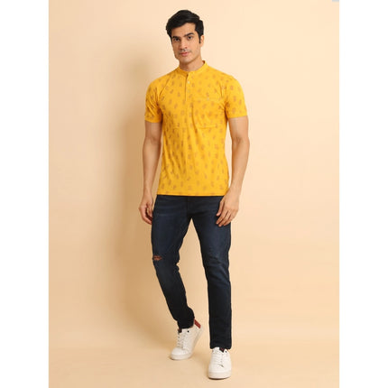 Rosolly Men's Casual Cotton Printed Mandarin Collar Half Sleeve T-Shirt (Mustard)