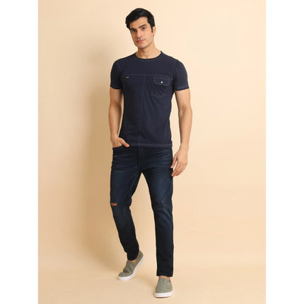 Rosolly Men's Casual Cotton Solid Round Neck Half Sleeve T-Shirt (Navy)