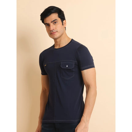 Rosolly Men's Casual Cotton Solid Round Neck Half Sleeve T-Shirt (Navy)