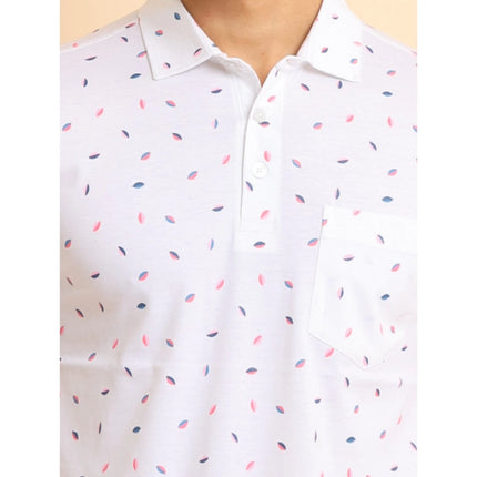 Rosolly Men's Casual Cotton Printed Polo Neck Half Sleeve T-Shirt (White)