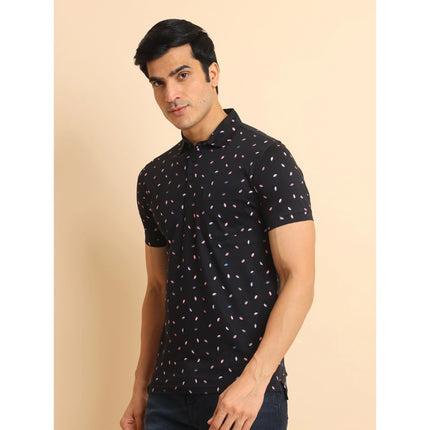 Rosolly Men's Casual Cotton Printed Polo Neck Half Sleeve T-Shirt (Black)