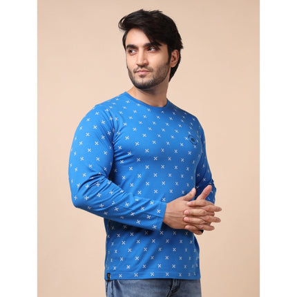 Rosolly Men's Casual Cotton Printed Round Neck Full Sleeve T-Shirt (Blue)