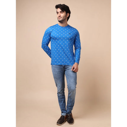 Rosolly Men's Casual Cotton Printed Round Neck Full Sleeve T-Shirt (Blue)