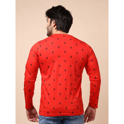 Rosolly Men's Casual Cotton Printed Round Neck Full Sleeve T-Shirt (Red)