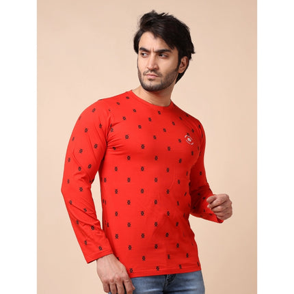 Rosolly Men's Casual Cotton Printed Round Neck Full Sleeve T-Shirt (Red)
