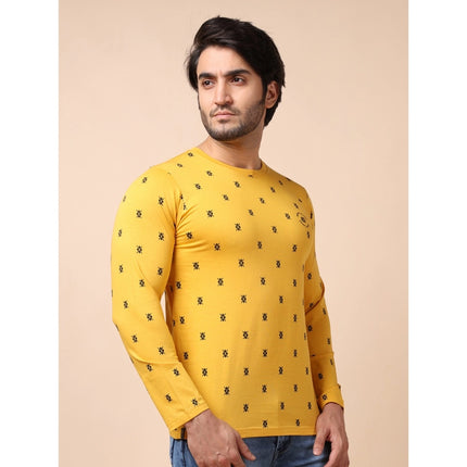 Rosolly Men's Casual Cotton Printed Round Neck Full Sleeve T-Shirt (Mustard)