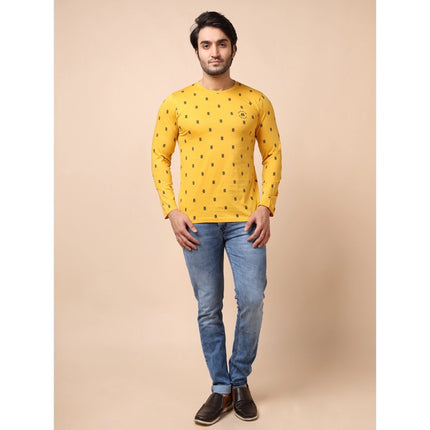 Rosolly Men's Casual Cotton Printed Round Neck Full Sleeve T-Shirt (Mustard)